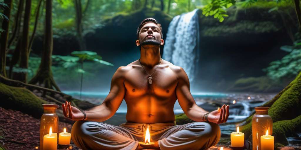 men sitting in lotus position with candles around peace atmosphere in front of a lake small waterfall